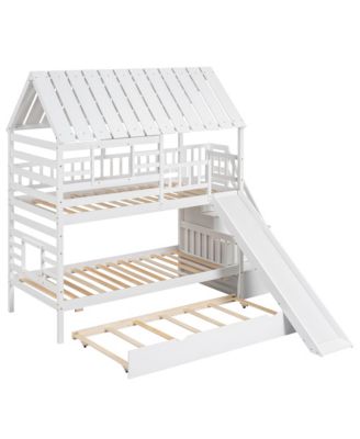 Twin over Twin House Bunk Bed with Trundle and Slide, Storage Staircase, Roof and Window Design