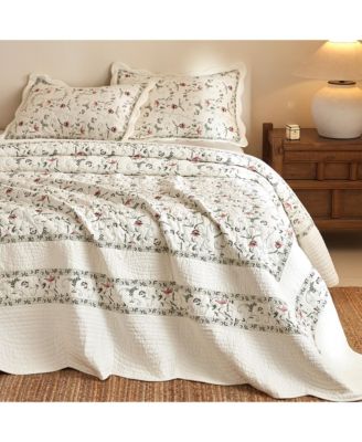 3Pcs 100% Cotton Embroidery Delicate Floral Quilt Bedspread Set Queen