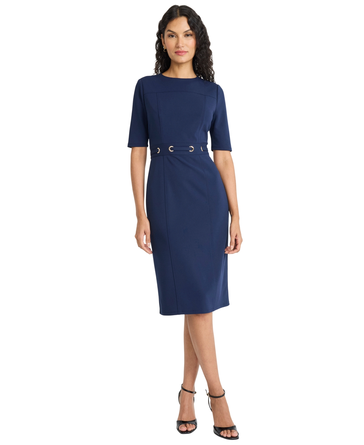 Maggy London Elbow Sleeve Grommet Waist Sheath Dress In Blue