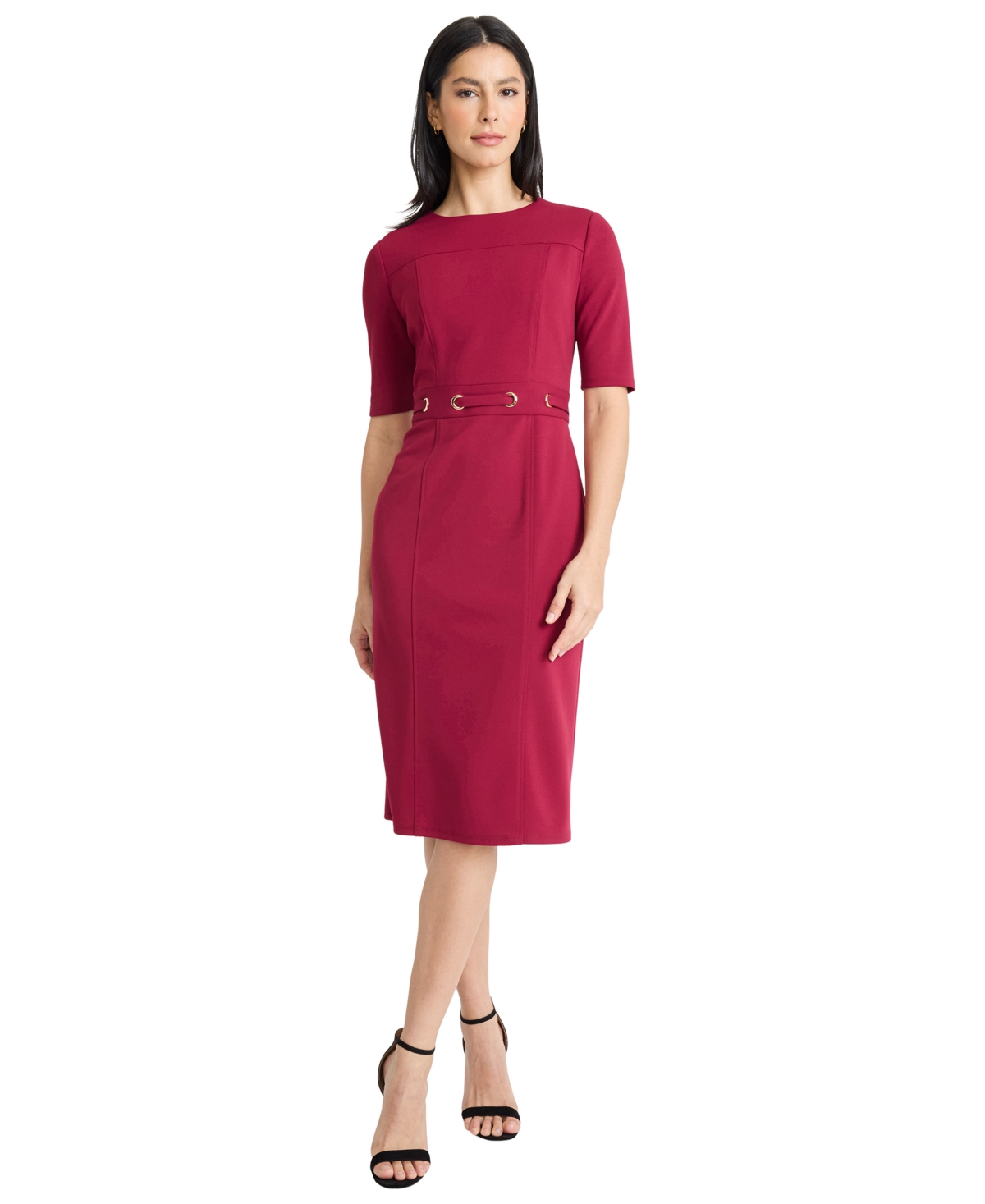 Maggy London Elbow Sleeve Grommet Waist Sheath Dress In Red
