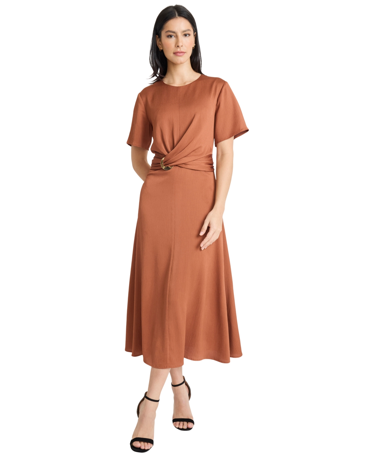 Maggy London Buckle Detail Hammered Satin Midi Dress In Brown