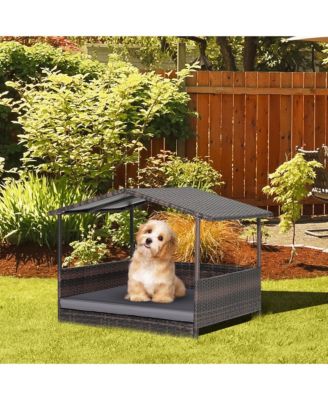 Wicker Dog House w/ Cushion Lounge Raised Rattan Bed for Indoor/Outdoo