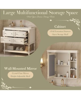 36" Solid Wood Bathroom Vanity with Mirror Cabinet, Adjustable Shelves and Drawers