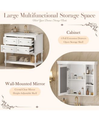 36" Solid Wood Bathroom Vanity with Mirror Cabinet, Adjustable Shelves and Drawers