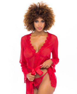 Provence Sheer Eyelash Lace Robe with Sash and G-String Panty