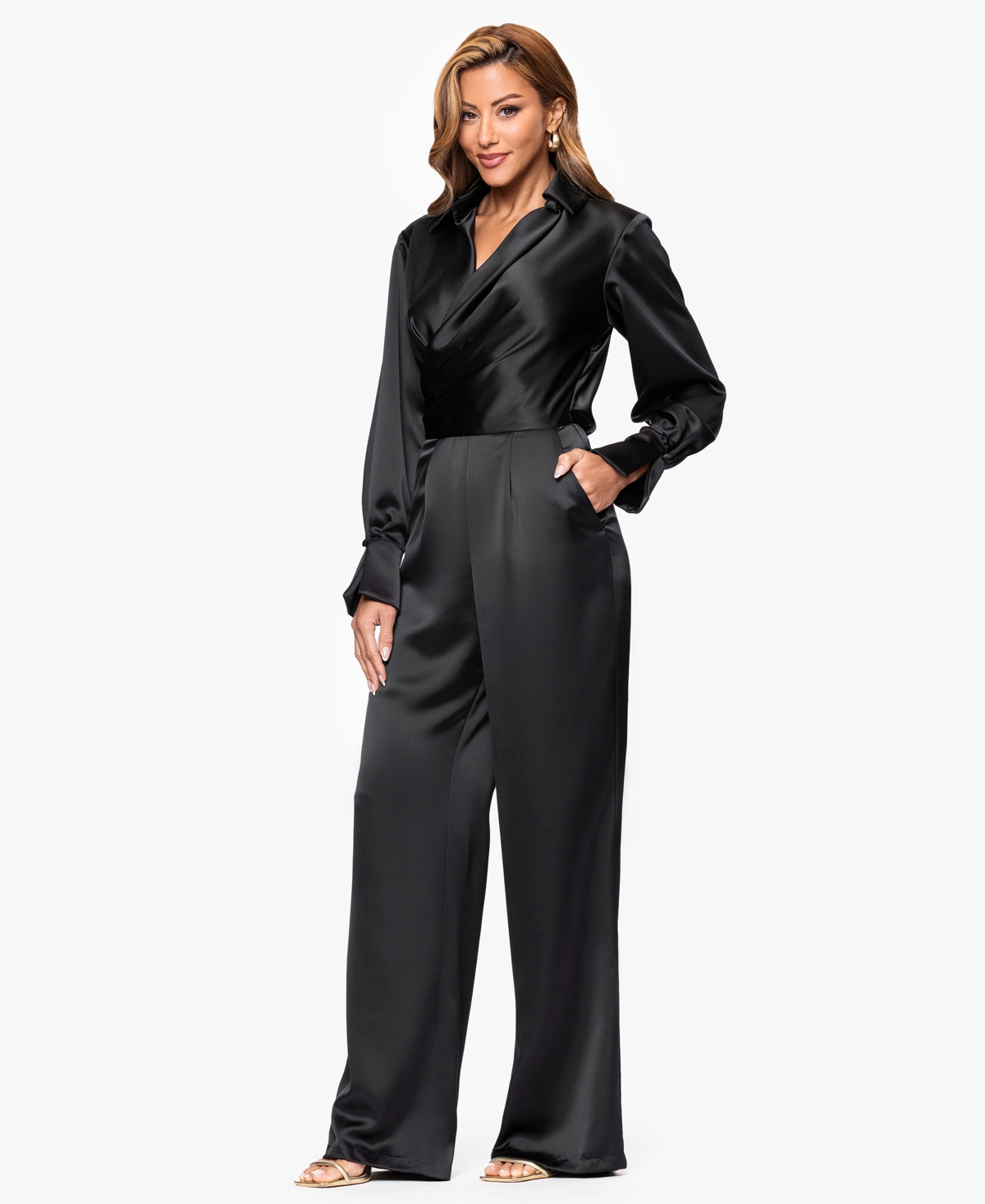 Xscape Women's V-neck Long Sleeve Jumpsuit In Black