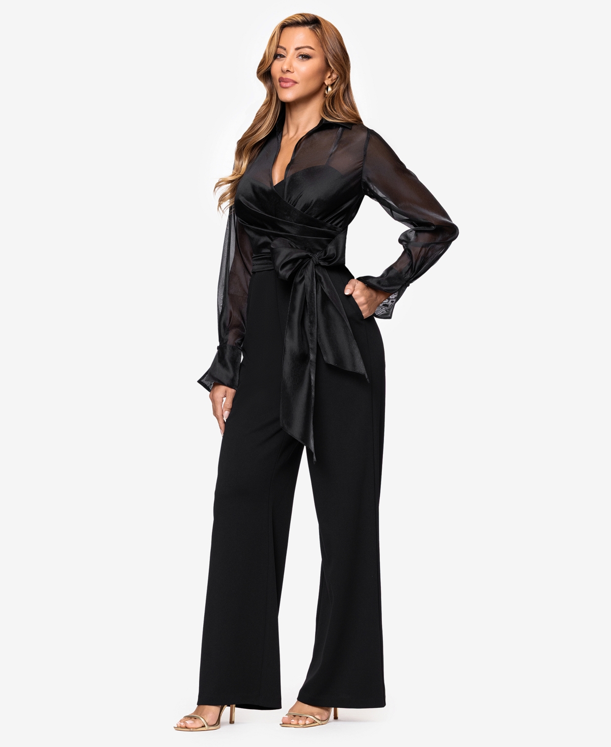 Xscape Women's V-neck Long Sleeve Jumpsuit In Black