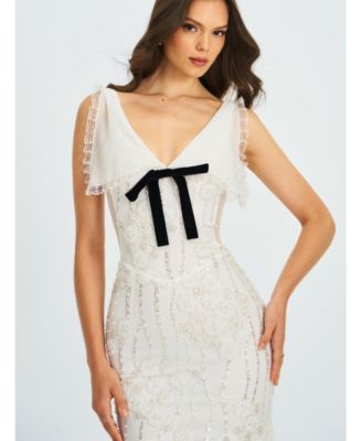 Women Paola White Peter Pan Collar Beaded Sequin Mermaid Midi Dress