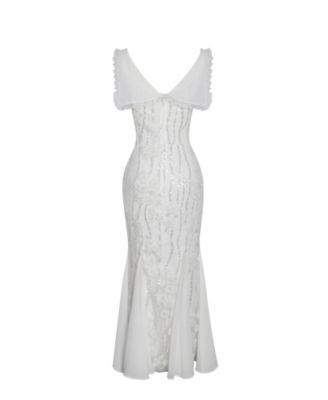 Women Paola White Peter Pan Collar Beaded Sequin Mermaid Midi Dress