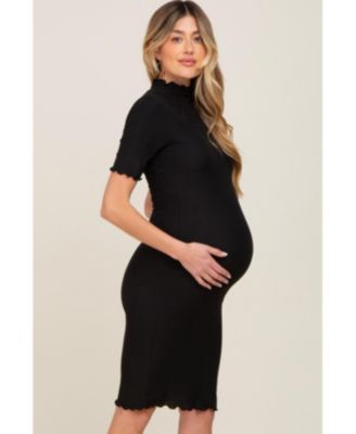 Maternity Black Ribbed Mock Neck Fitted Midi Dress
