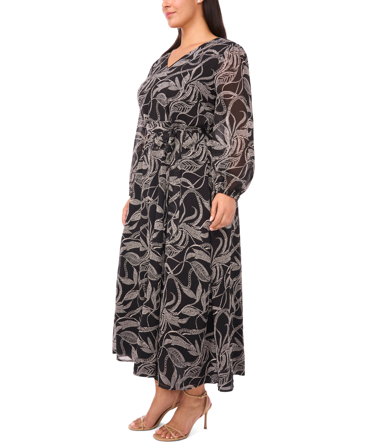 Msk Plus Size Tropical Print Long Sleeves Maxi Dress In Black