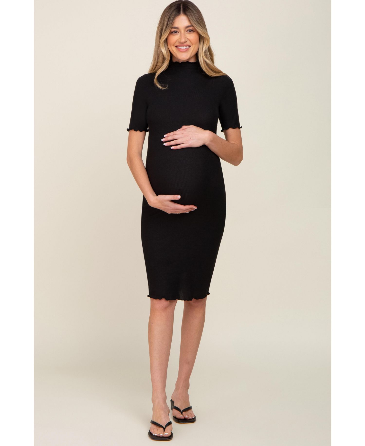 Women's Black Ribbed Mock Neck Fitted Midi Dress