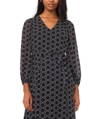 Petite Geometric Print V-Neck Long Sleeves Midi Dress