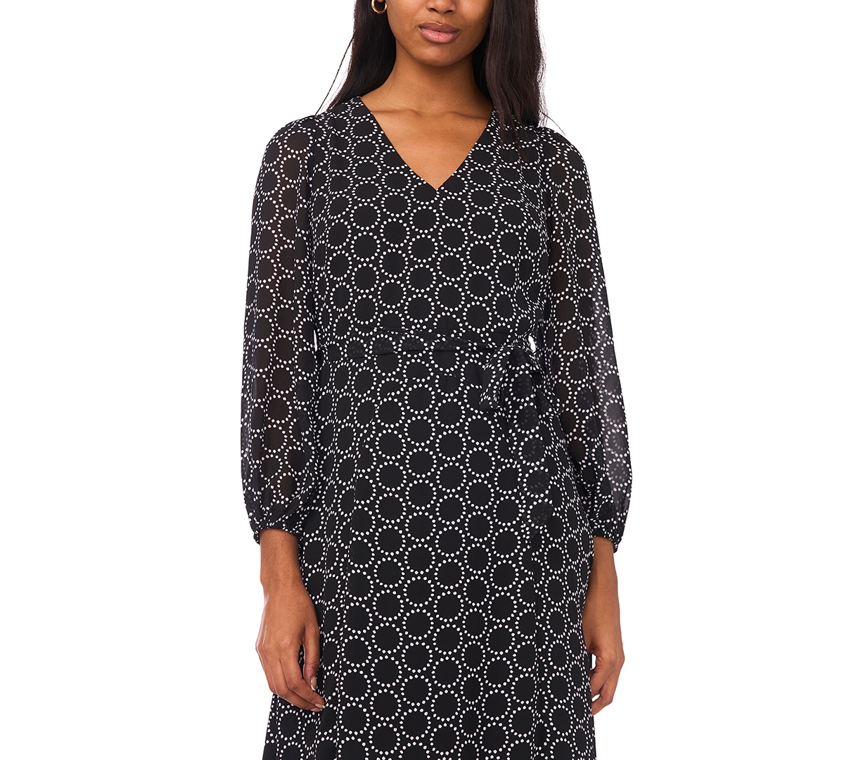 Msk Petite Geometric Print V-neck Long Sleeves Midi Dress In Black