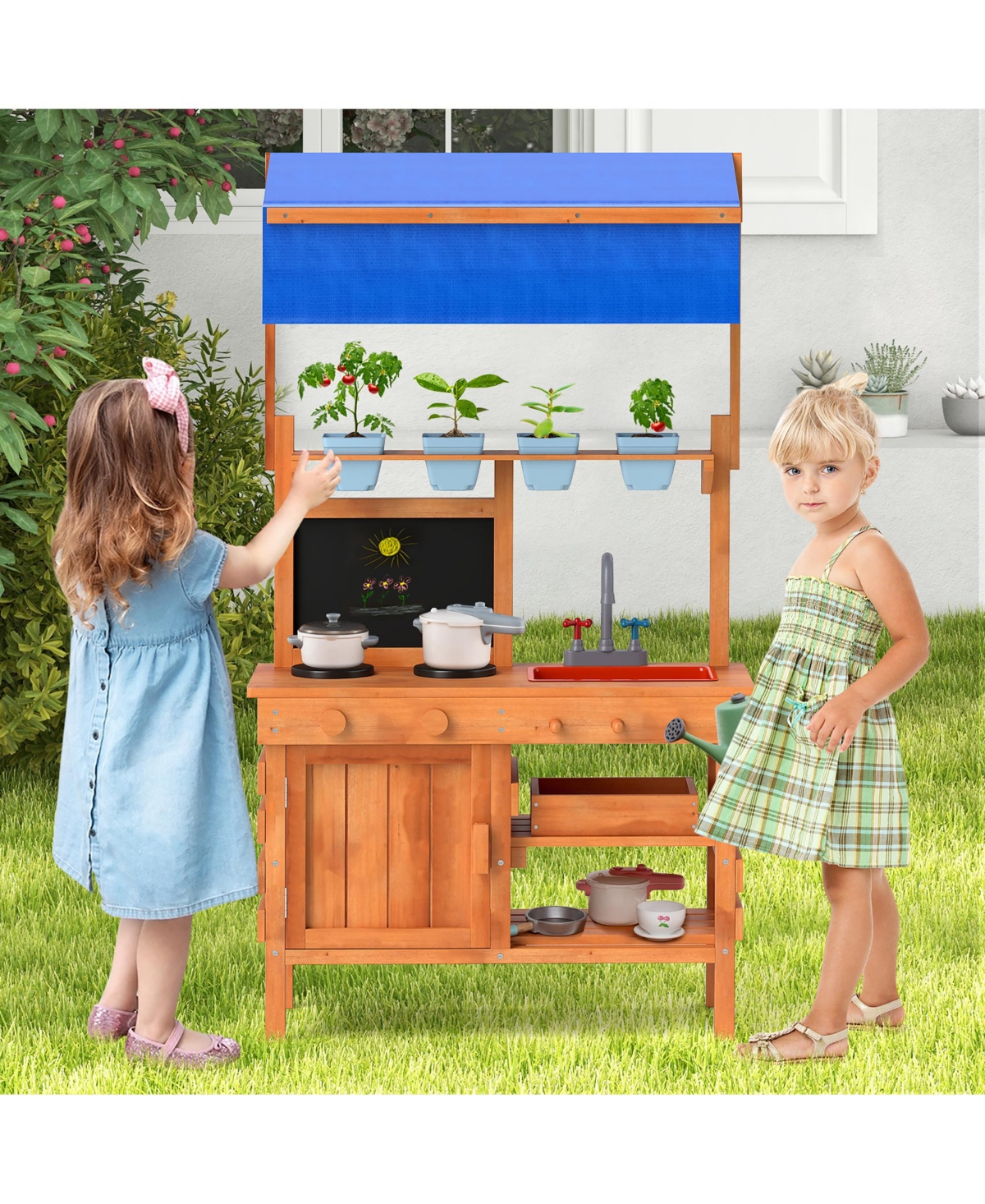 Gymax Mud Kitchen Wooden Pretend Play Kitchen w/ Height Adjustable Canopy