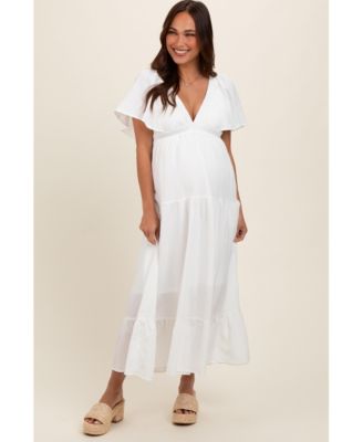 Maternity Ivory Deep V-Neck Flutter Sleeve Tiered Midi Dress