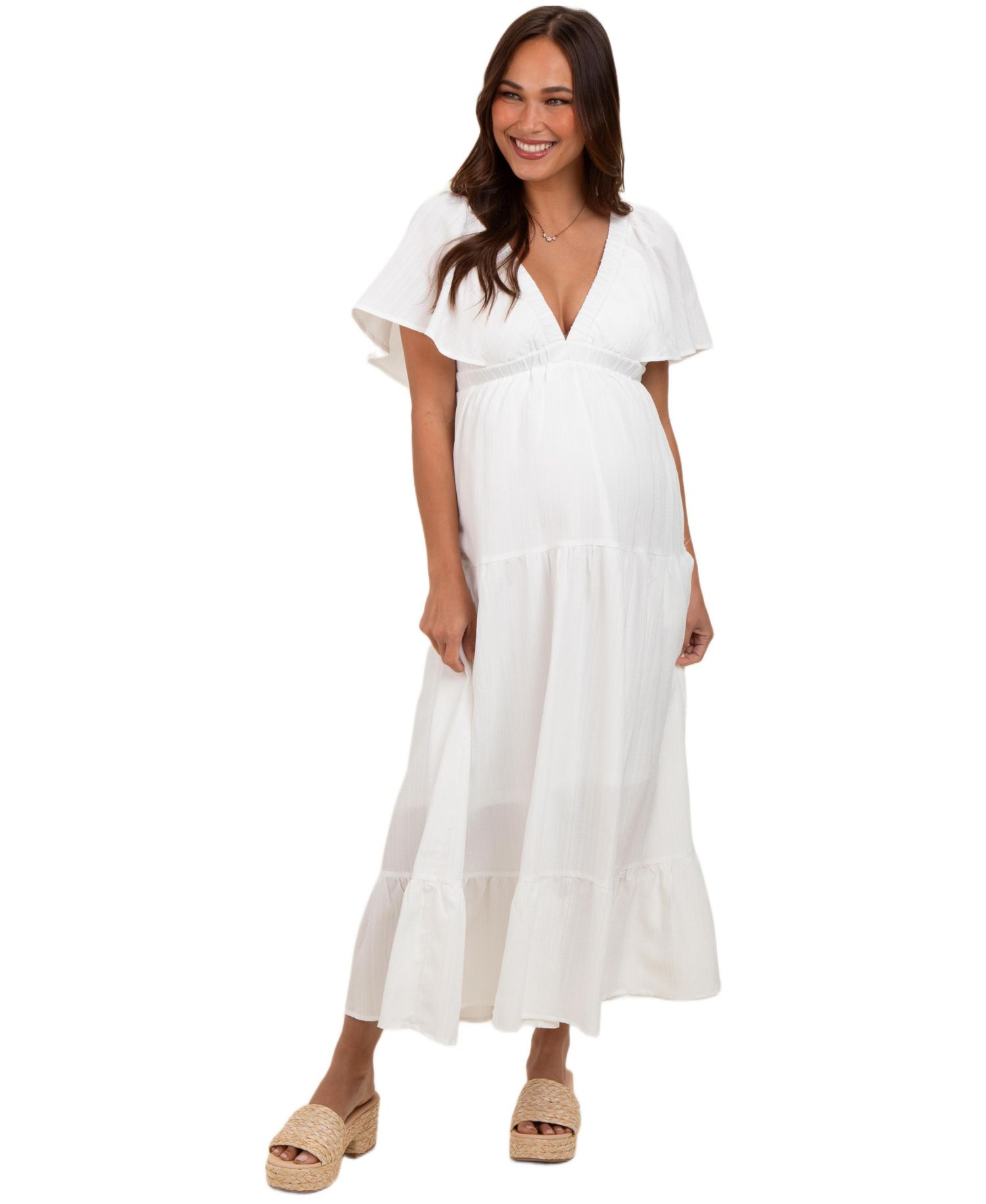 Women's Ivory Deep V-Neck Flutter Sleeve Tiered Midi Dress