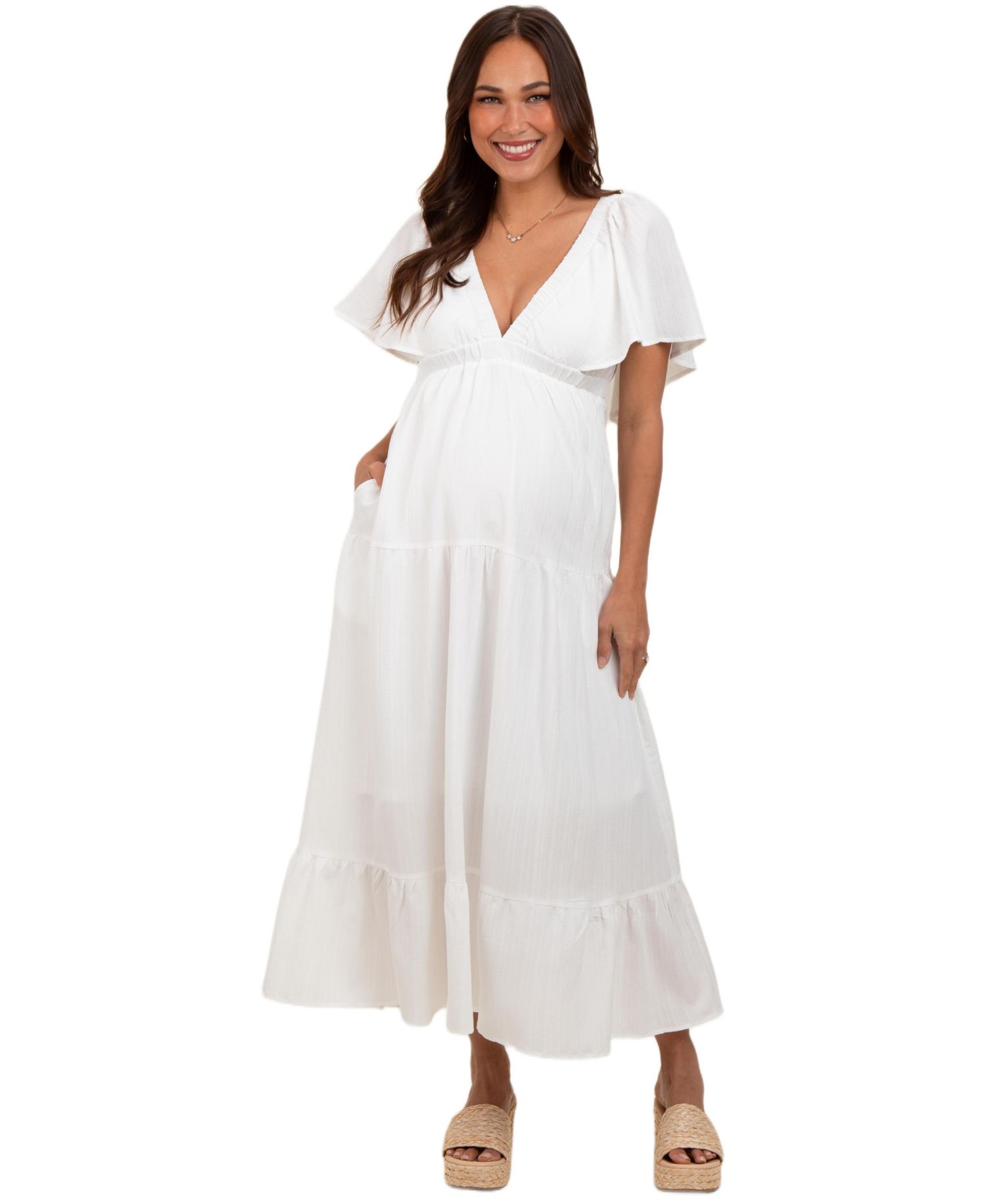 Women's Ivory Deep V-Neck Flutter Sleeve Tiered Midi Dress