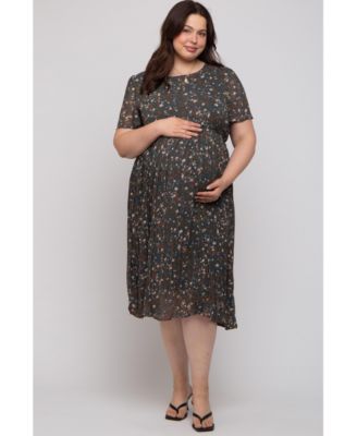 Plus Size Light Pink Floral Pleated Chiffon Midi Dress