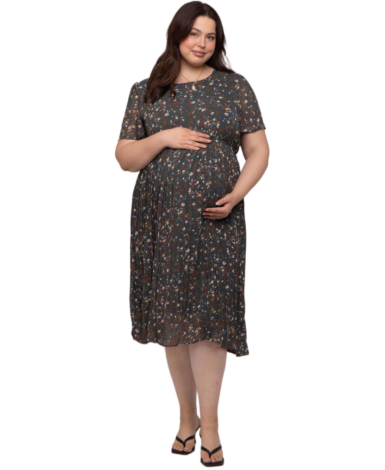 Women's Maternity Floral Pleated Chiffon Midi Dress