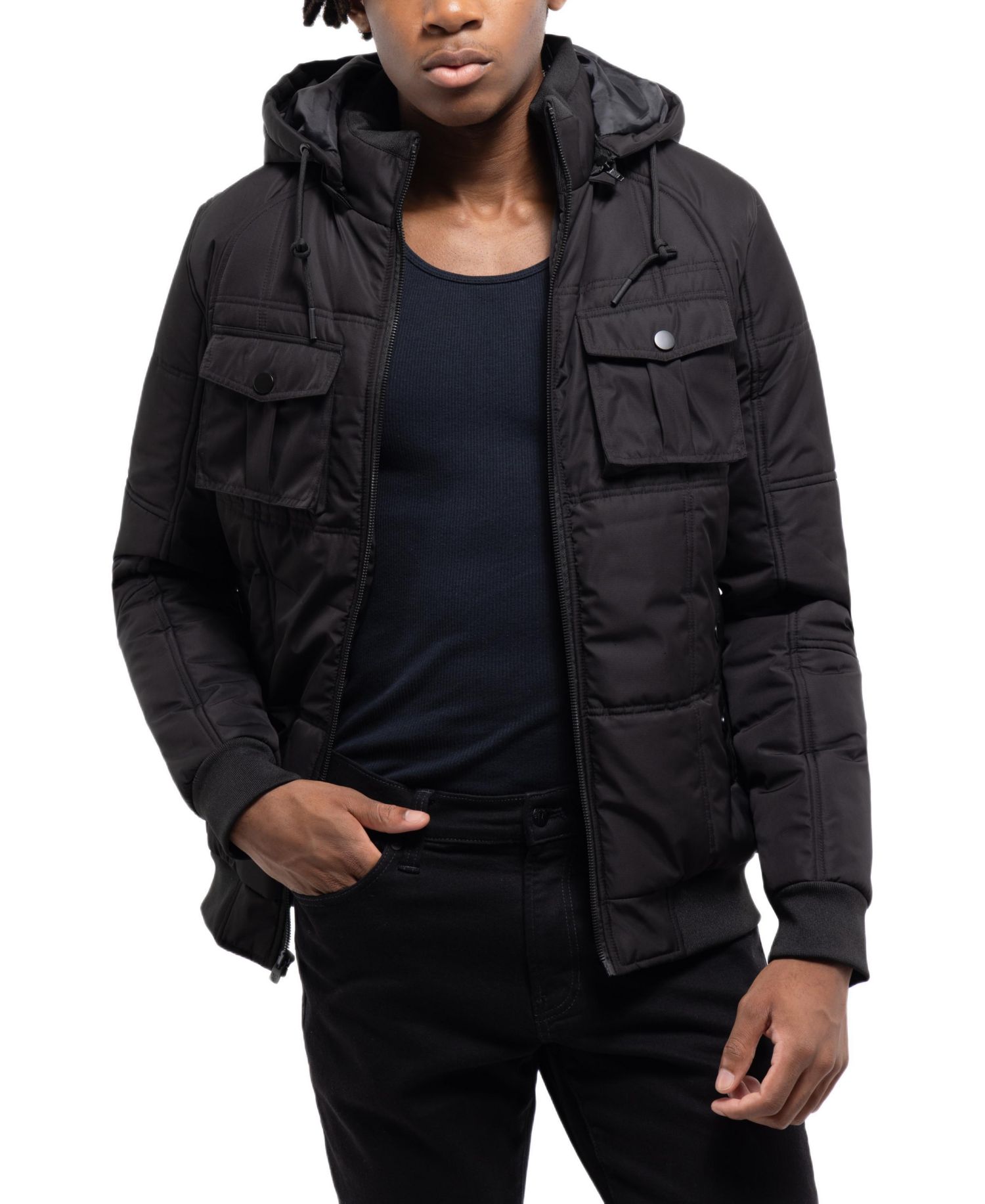 Men's Hooded Puffer Jacket With Patch Chest Pockets