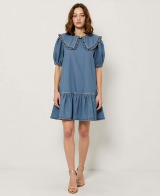 Women's Ruffled Collar Short Dress with Puff Sleeves and Tiered Hem