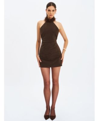 Women's Yael Espresso Suede Faux Fur Halter Mini Dress
