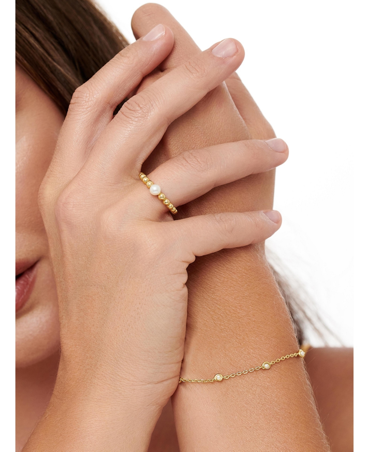 Devata Freshwater Pearl on Beaded Ball Ring Gold Plated Sterling Silver, 9