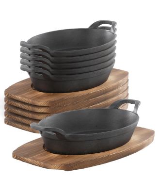 6 Piece Mini Cast Iron Oval Pan with Wood Tray Set