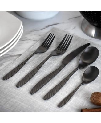 La Vague 20 Piece Flatware Utensil Set, Stainless Steel Silverware Metal Service for 4 in Matte Black