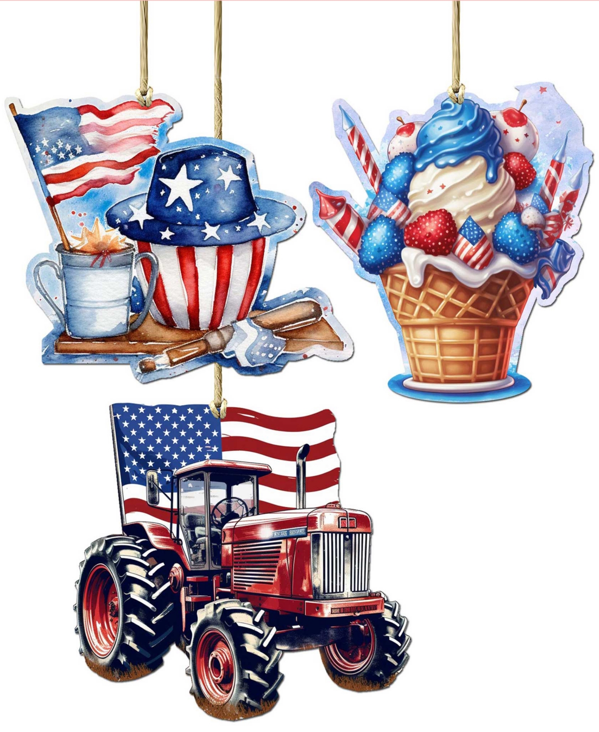 Designocracy American Farmhouse Wooden Ornaments, Set Of 3 In Multi