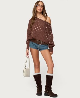 Women's Oversized Off Shoulder Polka Dot Sweater