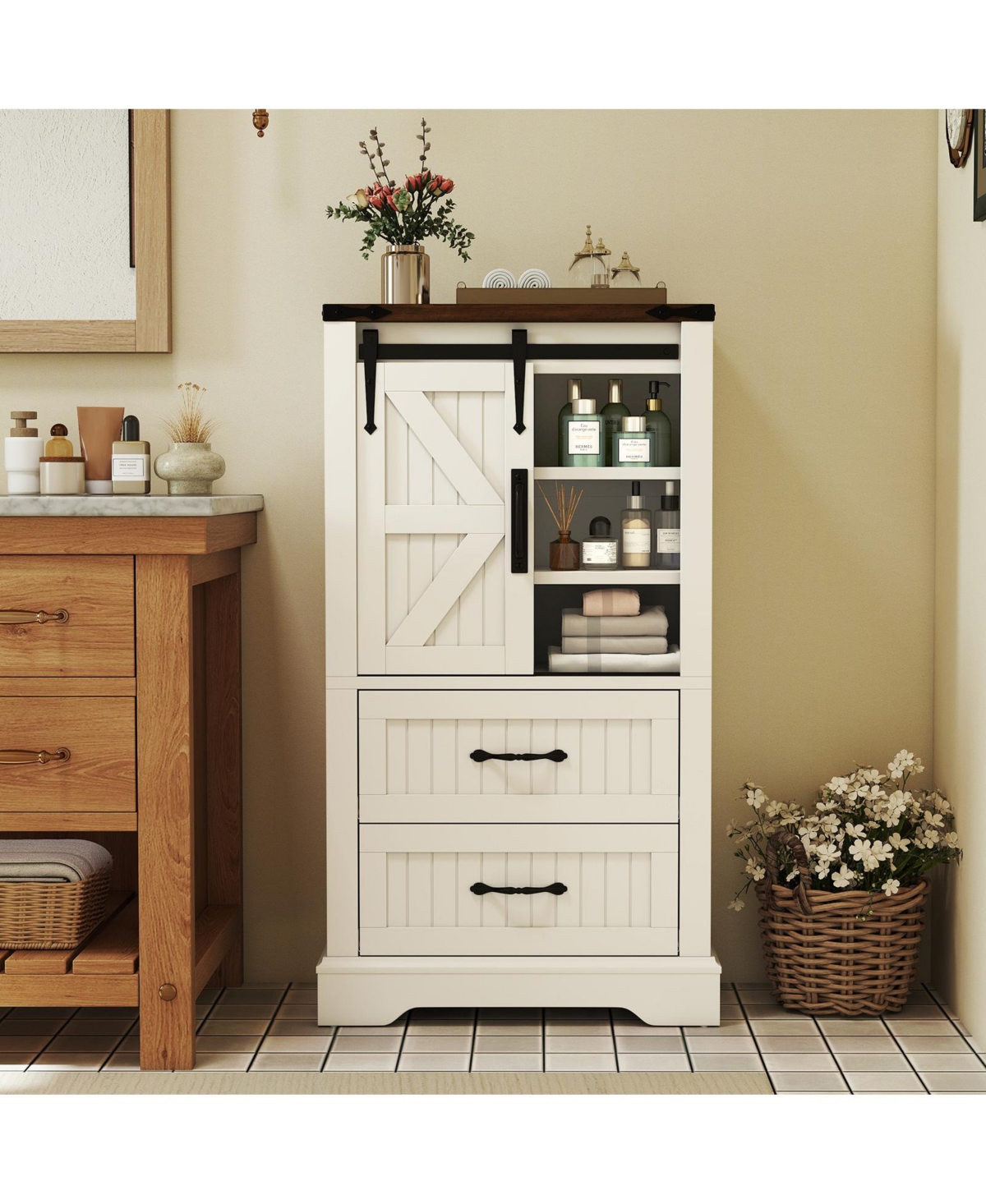 Gymax Farmhouse Bathroom Floor Cabinet w/Sliding Door Adjustable Shelves & 2 Drawers
