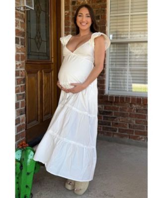 Maternity White Ruffle Trim Maxi Dress