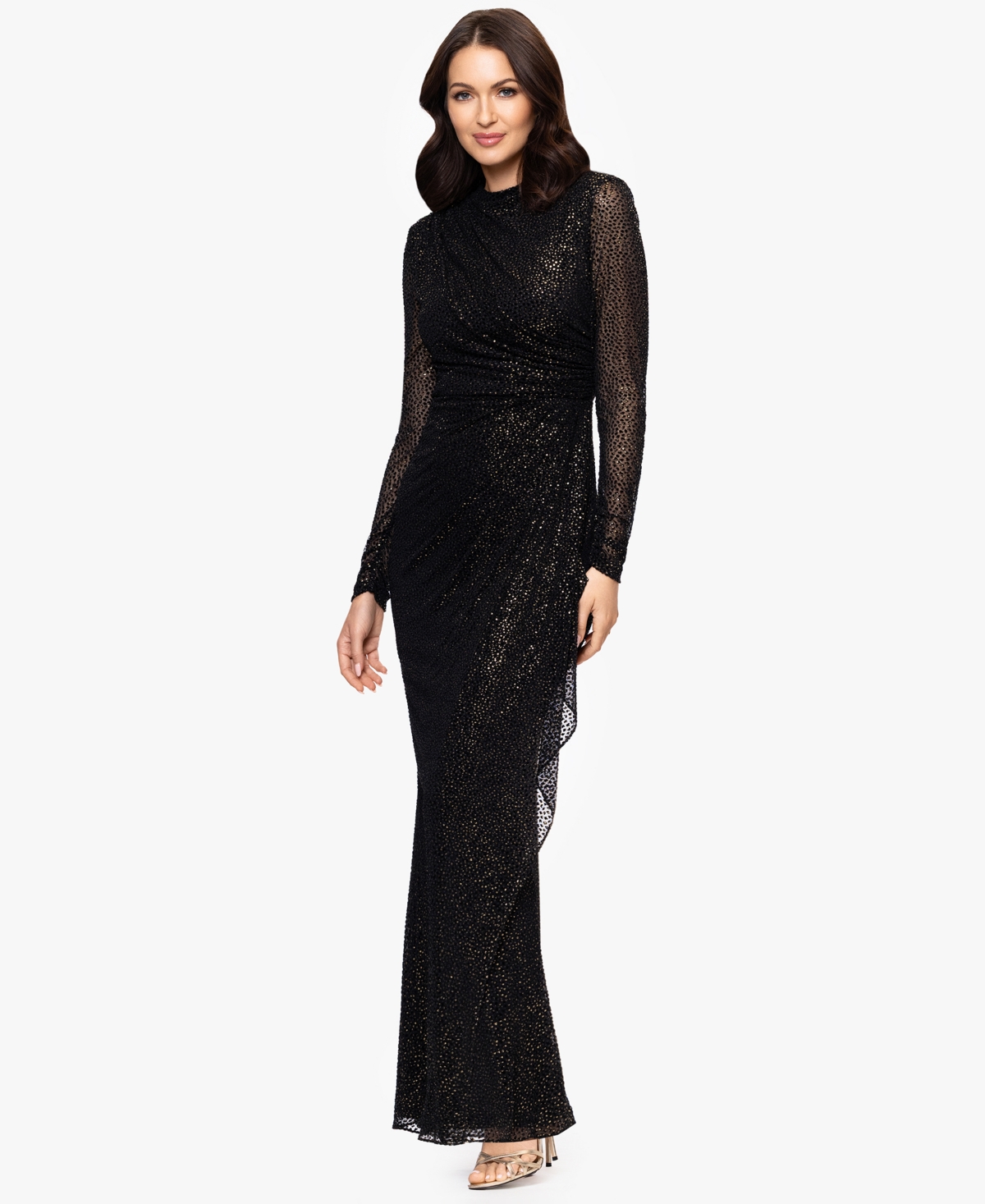 Betsy & Adam Petite Burnout Long Sleeve Gown In Black