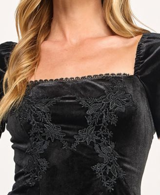 Juniors' Velvet Drop Waist Embroidered Dress