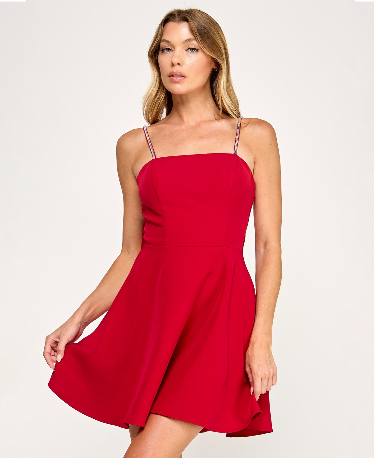 City Studios Juniors' Square Neck Rhinestone Trimmed Straps Dress In Red