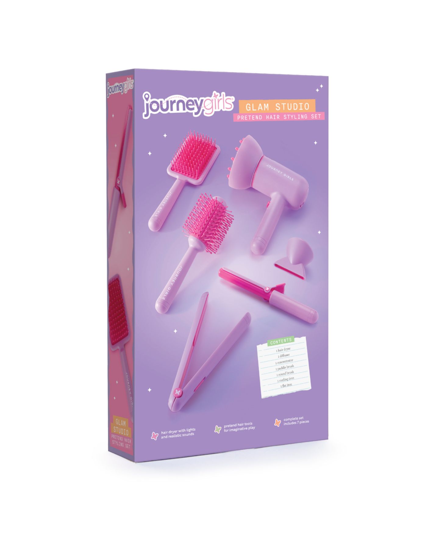 Детский игровой набор Journey Girls Glam Studio Light-Up Hair Dryer 7-Piece Playset, Ages 3+, цвет: Розовый / Фиолетовый — фото 6