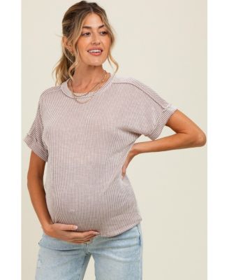 Maternity Taupe Ribbed Exposed Seam Short Sleeve Top