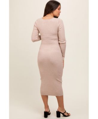Maternity Beige Long Sleeve Fitted Dress