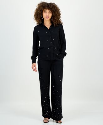 Petite Long-Sleeve Embellished Button-Front Blouse, Macy's Exclusive