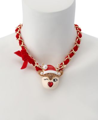Faux Stone Santa Baby Reindeer Bow Pendant Necklace