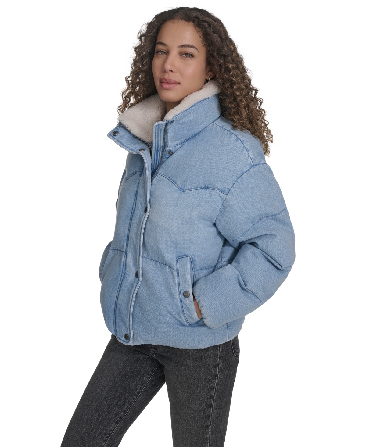 Levi's Western Denim Faux Shearling Collar Puffer Jacket In Blue