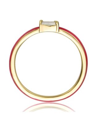 14k Gold Plated Cubic Zirconia Baguette Solitaire Colored Enamel Slim Stacking Ring