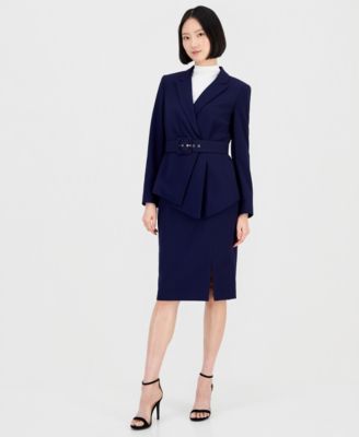 Women's Asymmetrical Belted Jacket & Pencil Skirt Suit Set