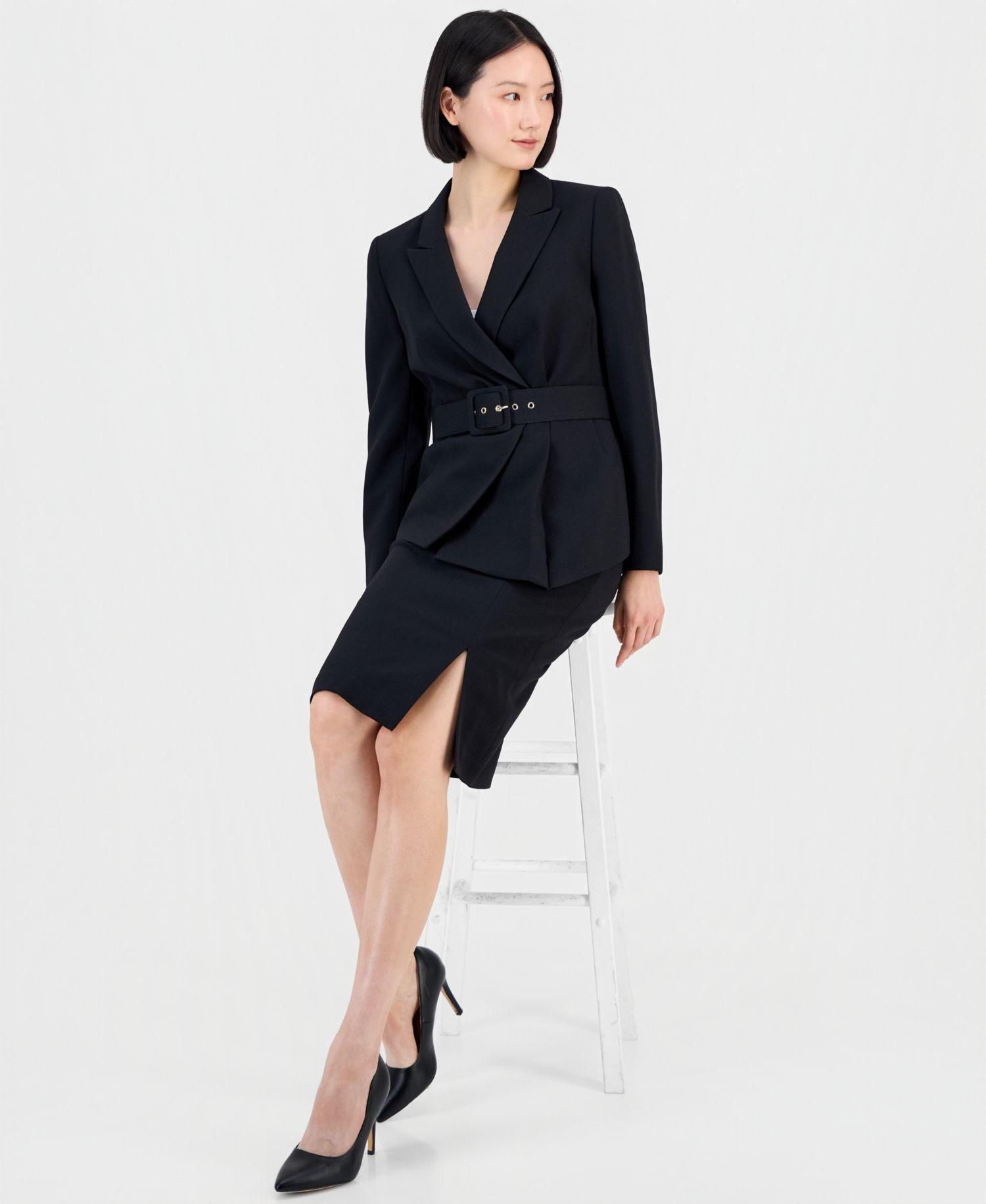 Women's Asymmetrical Belted Jacket & Pencil Skirt Suit Set