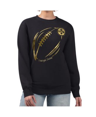 G-III 4Her by Carl Banks - Women's Black Pittsburgh Steelers Metallic Print Football Sketch Fleece Crewneck Sweatshirt