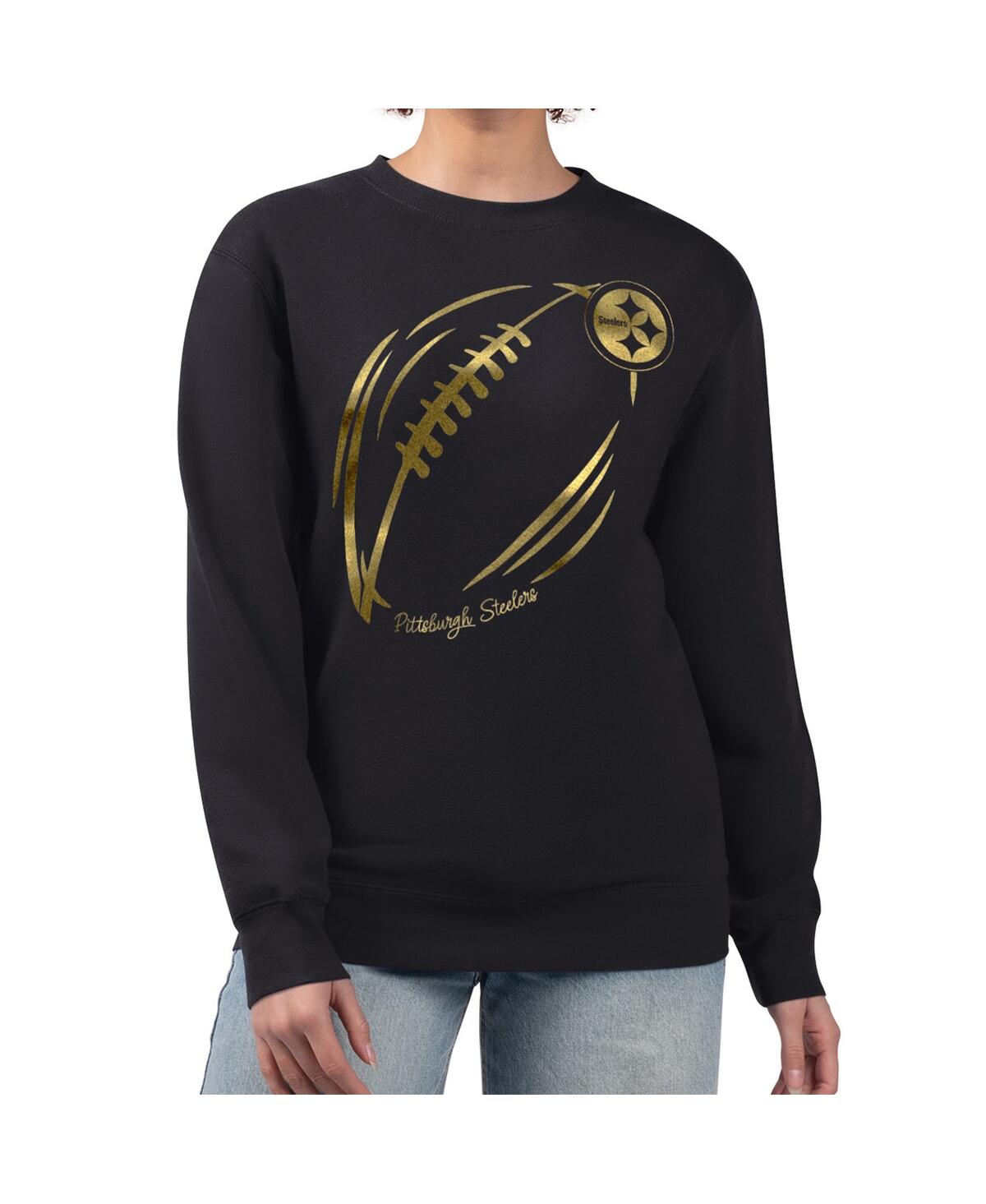 G-iii 4her By Carl Banks Women's Black/gold Pittsburgh Steelers Metallic Print Football Sketch Fleece Pullover Hoodie In Multi
