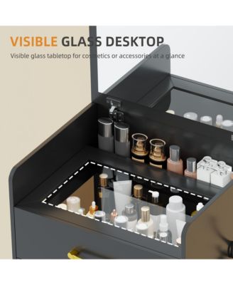 3-in-1 Vanity Desk with Flip Mirror, Glass Top, 3 Drawers