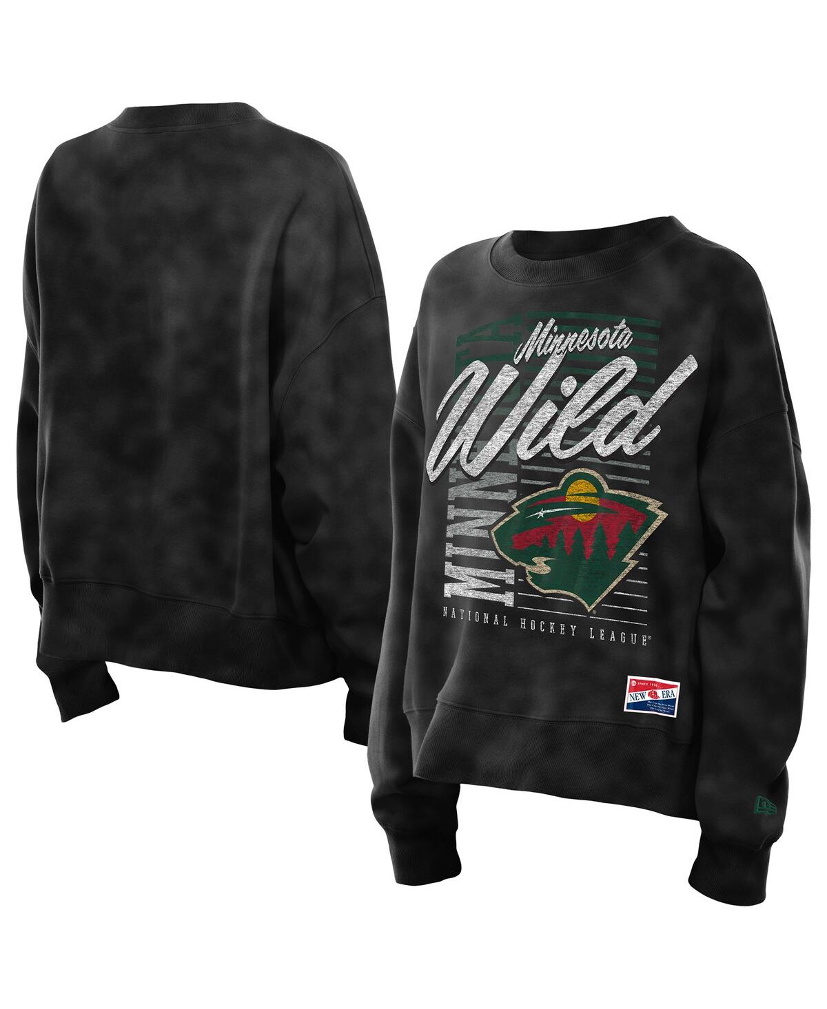 New Era Women's Black Minnesota Wild Oversized Throwback Mineral Wash Sweatshirt In Black
